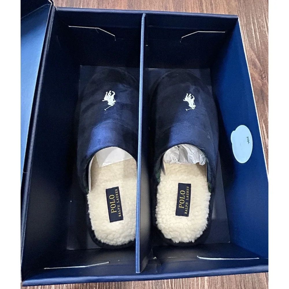 Polo Ralph Lauren Men's Klarence Scuff Slippers Navy, White Pony Sz 8 New In Box